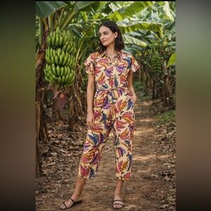 Farm Rio Anthropologie NWT Frilled Cap Flutter Sleeve Crop Leg Jumpsuit size S.